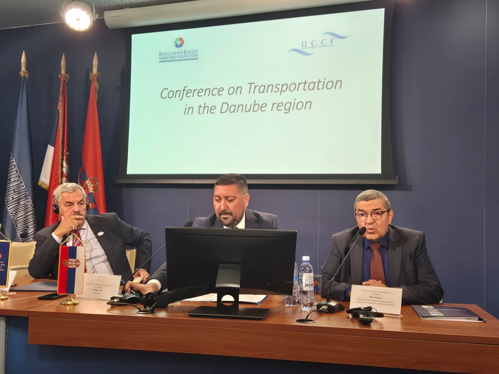 Three speakers at the panel table of the Conference on Transportation in the Danube Region in Novi Sad