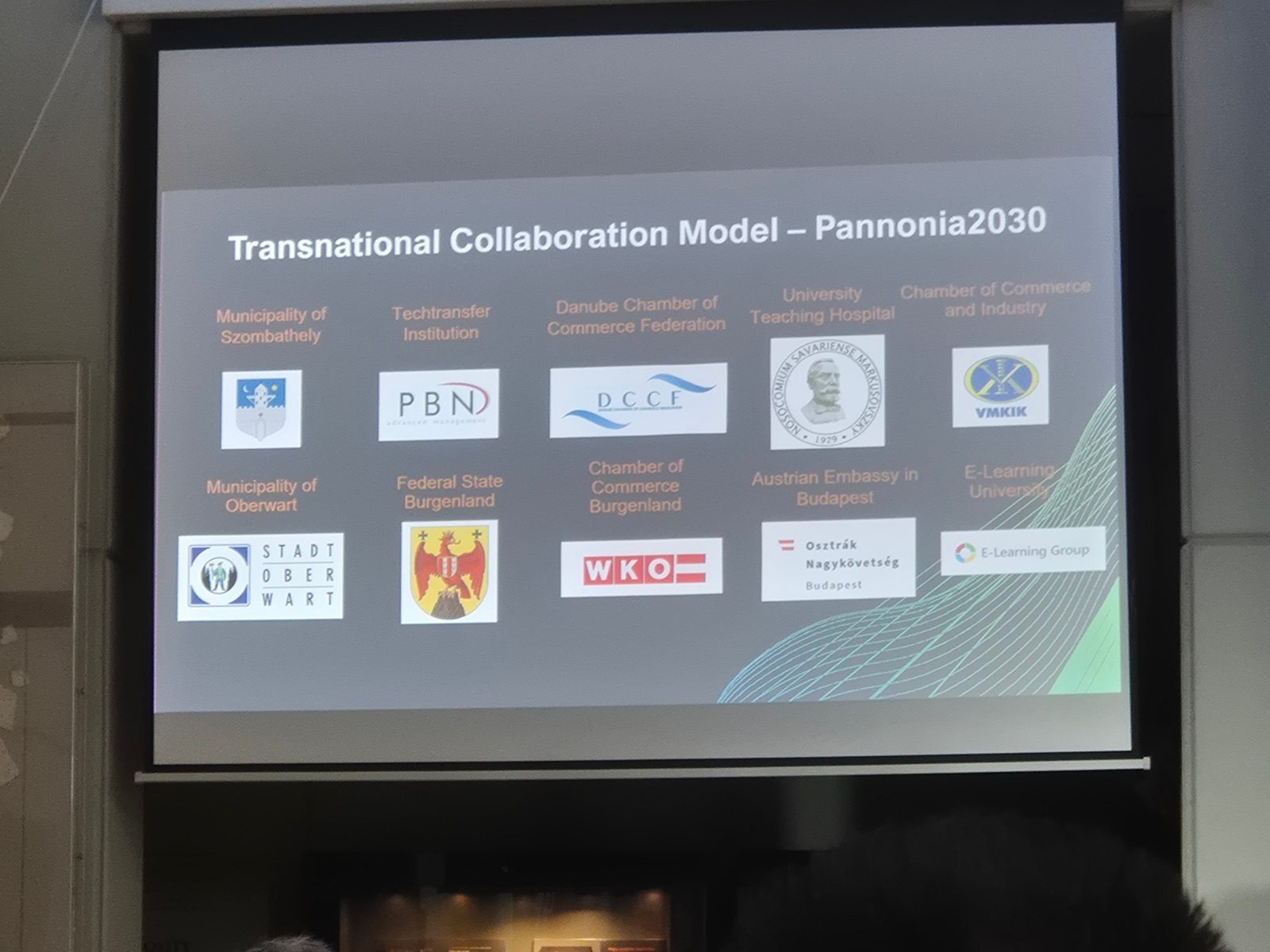 A slide of the Pannonia2030 cooperation model, with DCCF among the partners, at the conference in Szombathely